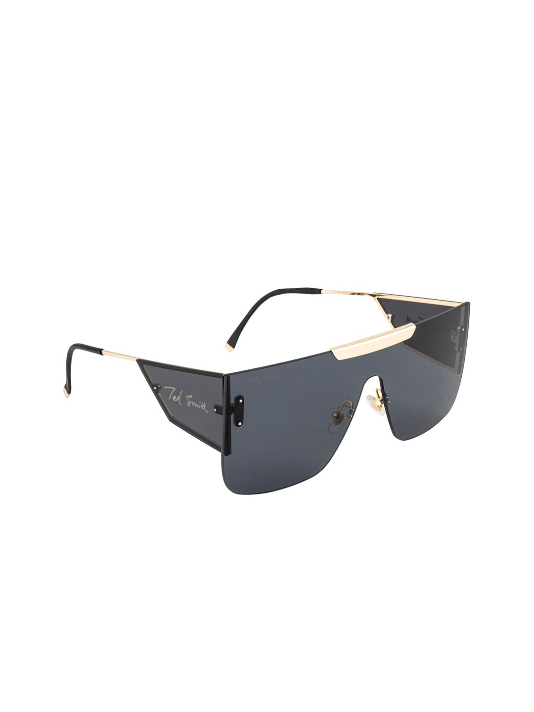 Ted Smith Unisex Grey Lens & Gold-Toned Shield Sunglasses with UV Protected Lens Price in India