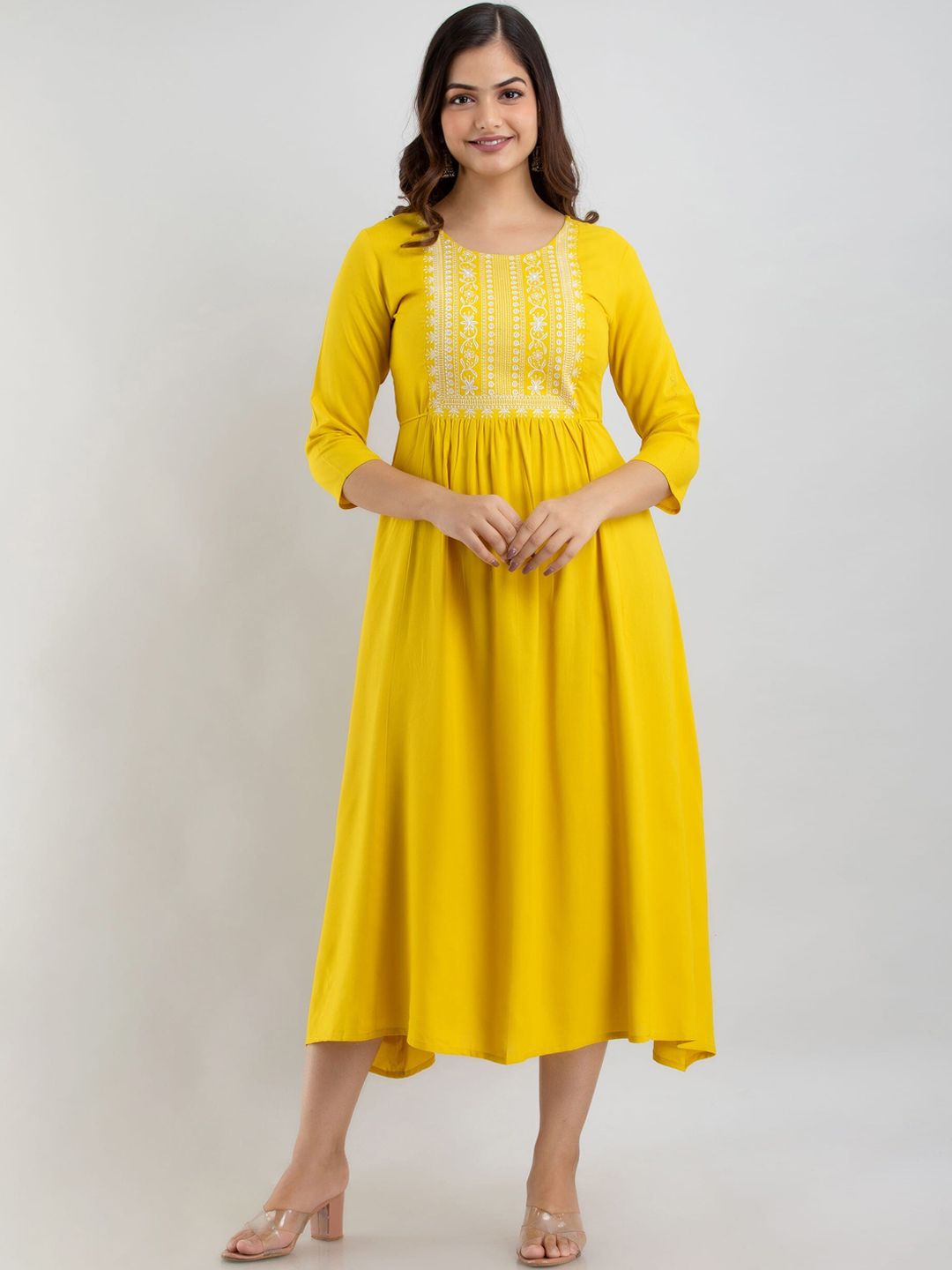 Women Touch Yellow Embroidered Midi Dress Price in India