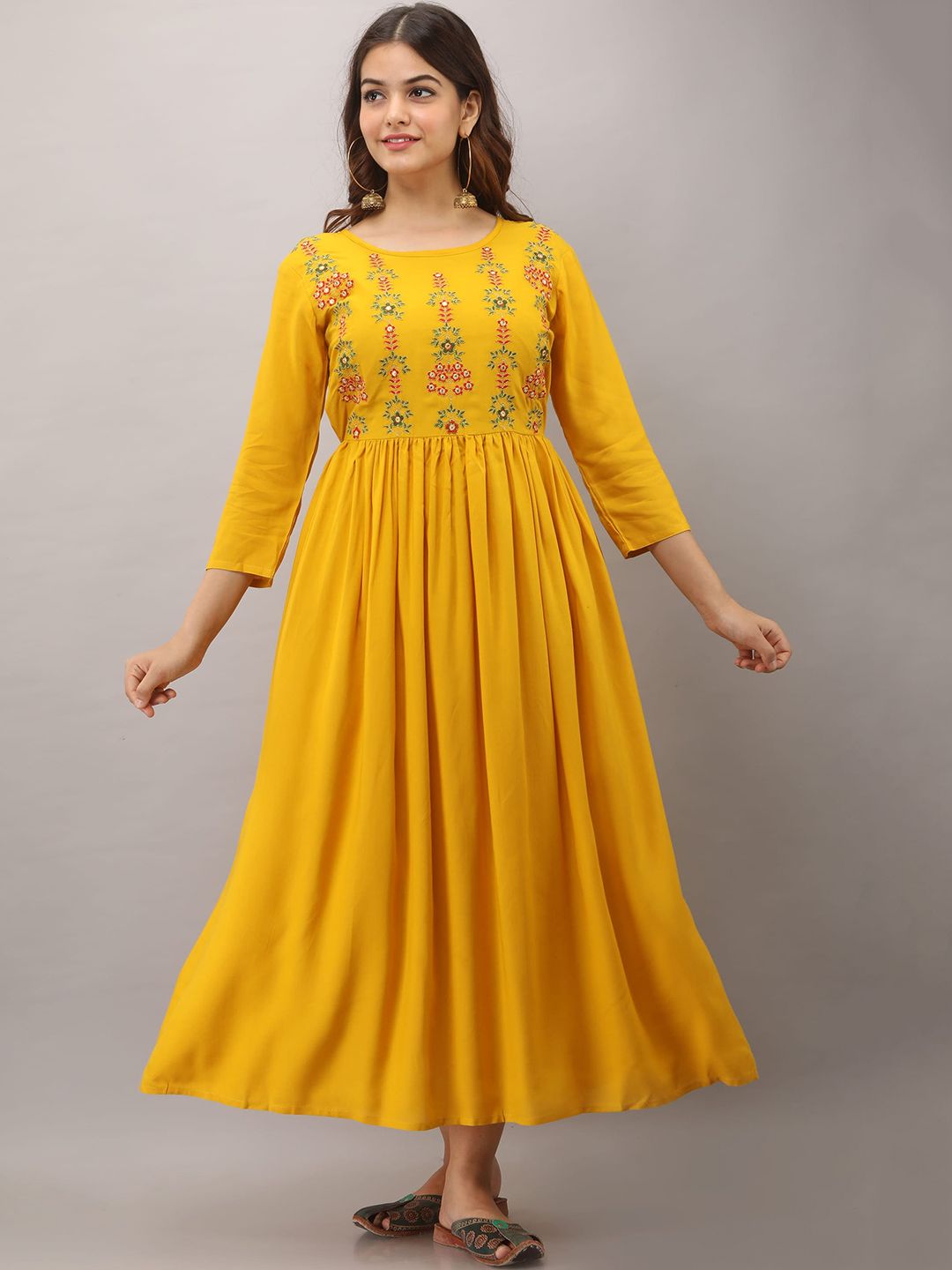 Women Touch Yellow Ethnic Motifs Embroidered Ethnic A-Line Maxi Dress Price in India