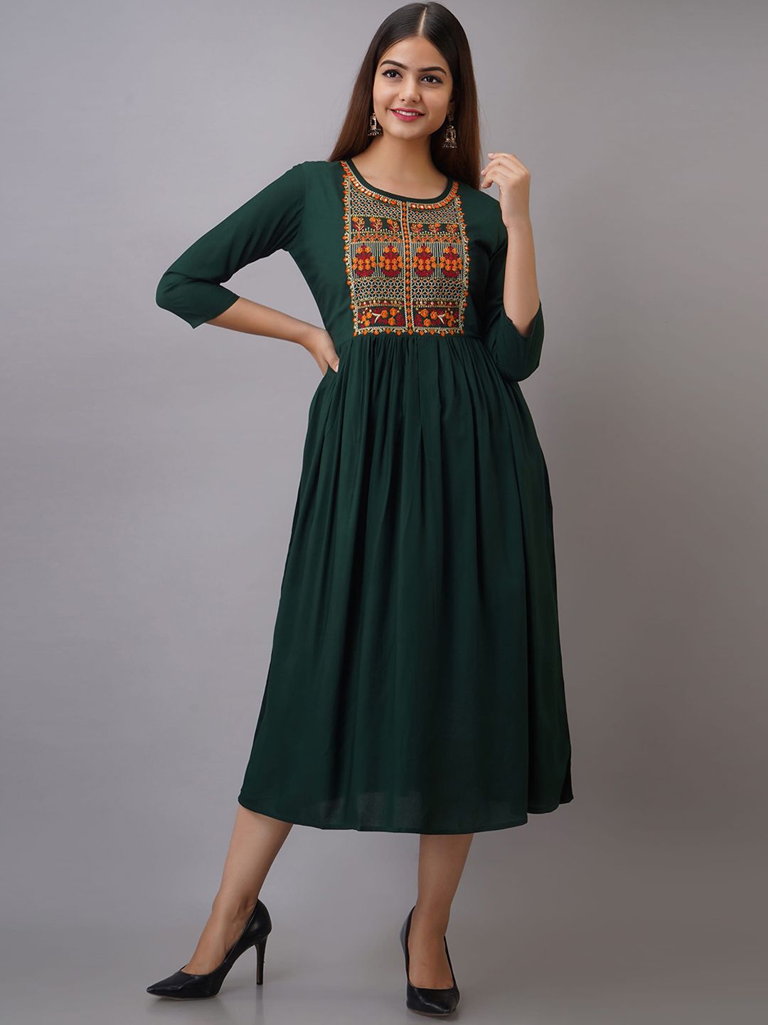 Women Touch Green Embroidered Midi Dress Price in India