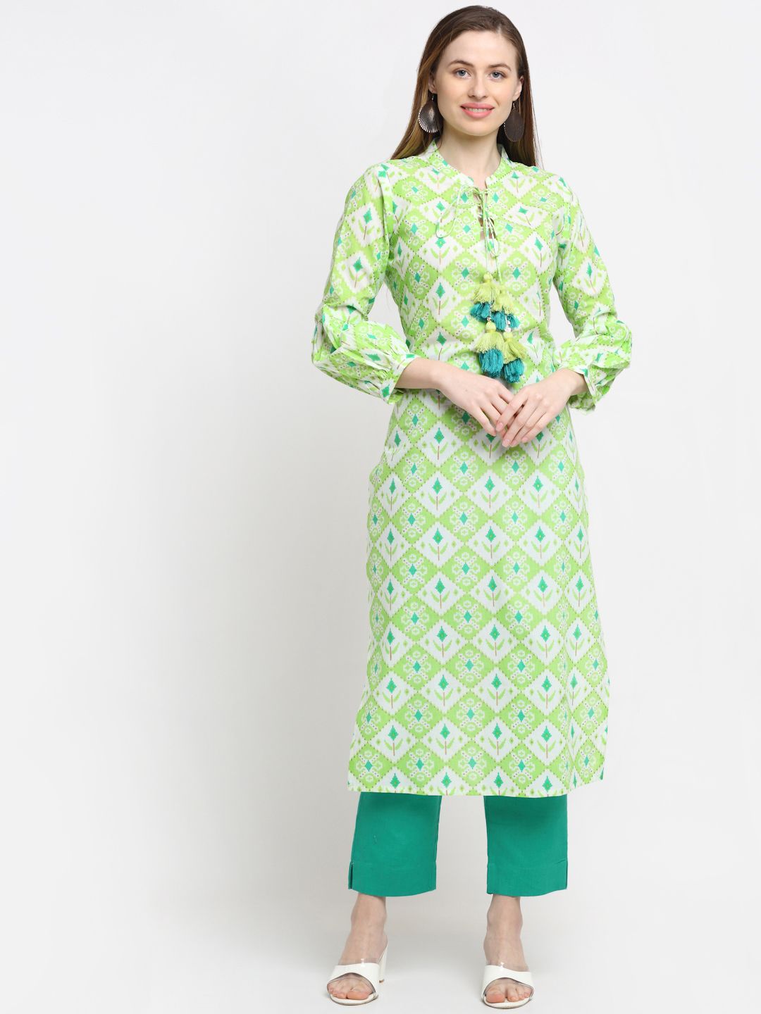 KALINI Women Green Floral Printed Pure Cotton Kurta with Trousers Price in India