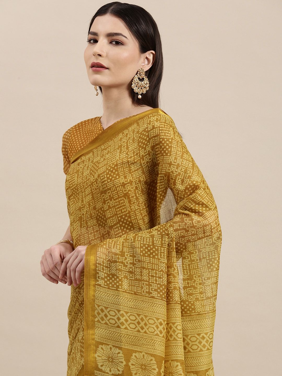 KALINI Mustard Yellow Ethnic Motifs Zari Saree