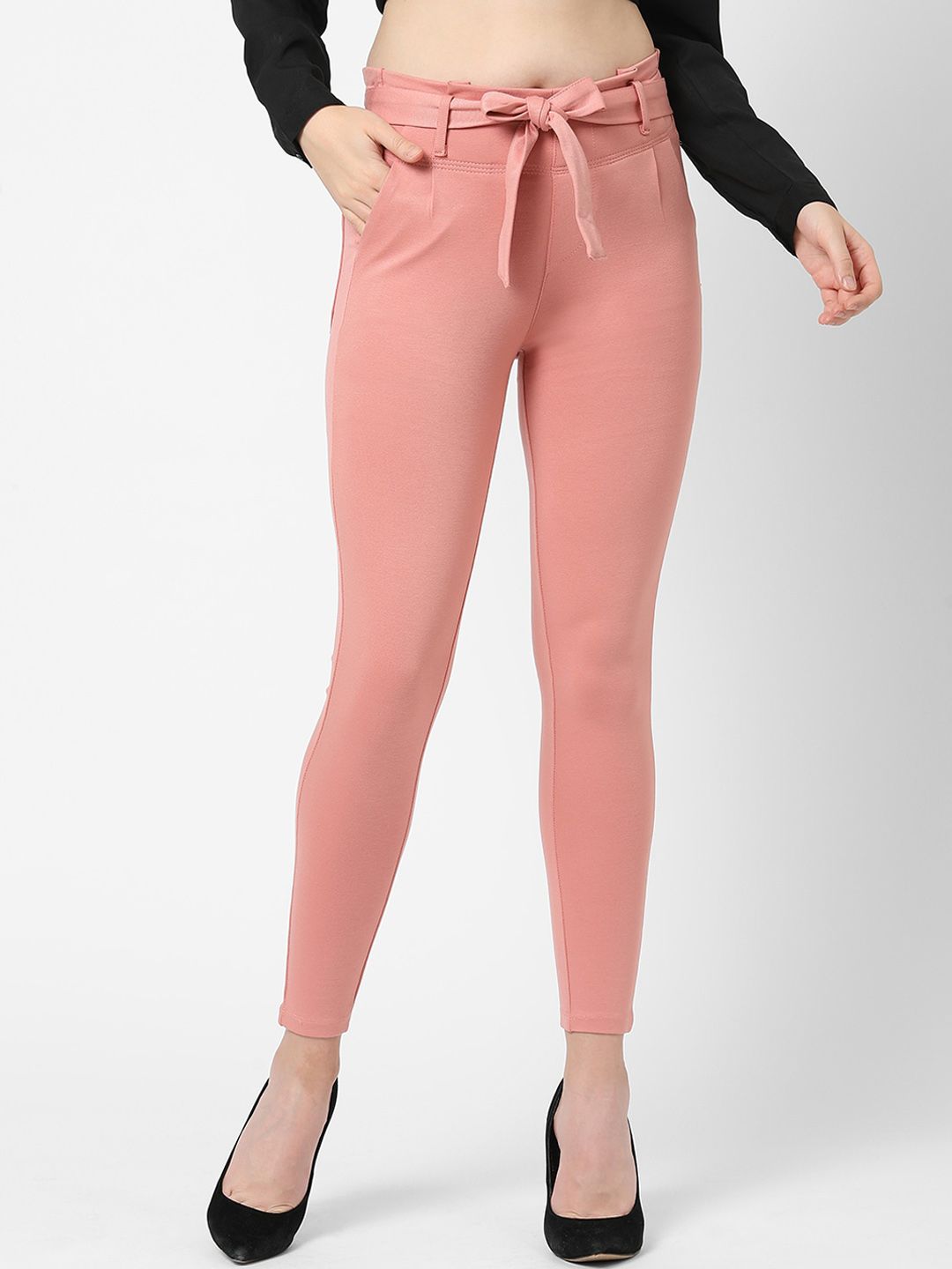 Kraus Jeans Women Pink Skinny Fit High-Rise Pleated Peg Trousers Price in India