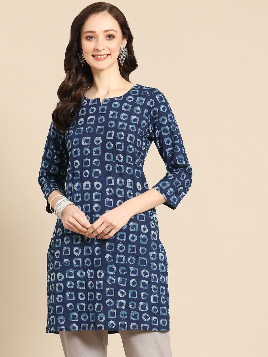 Prakrti Blue Geometric Hand Block Printed Pure Cotton Kurti
