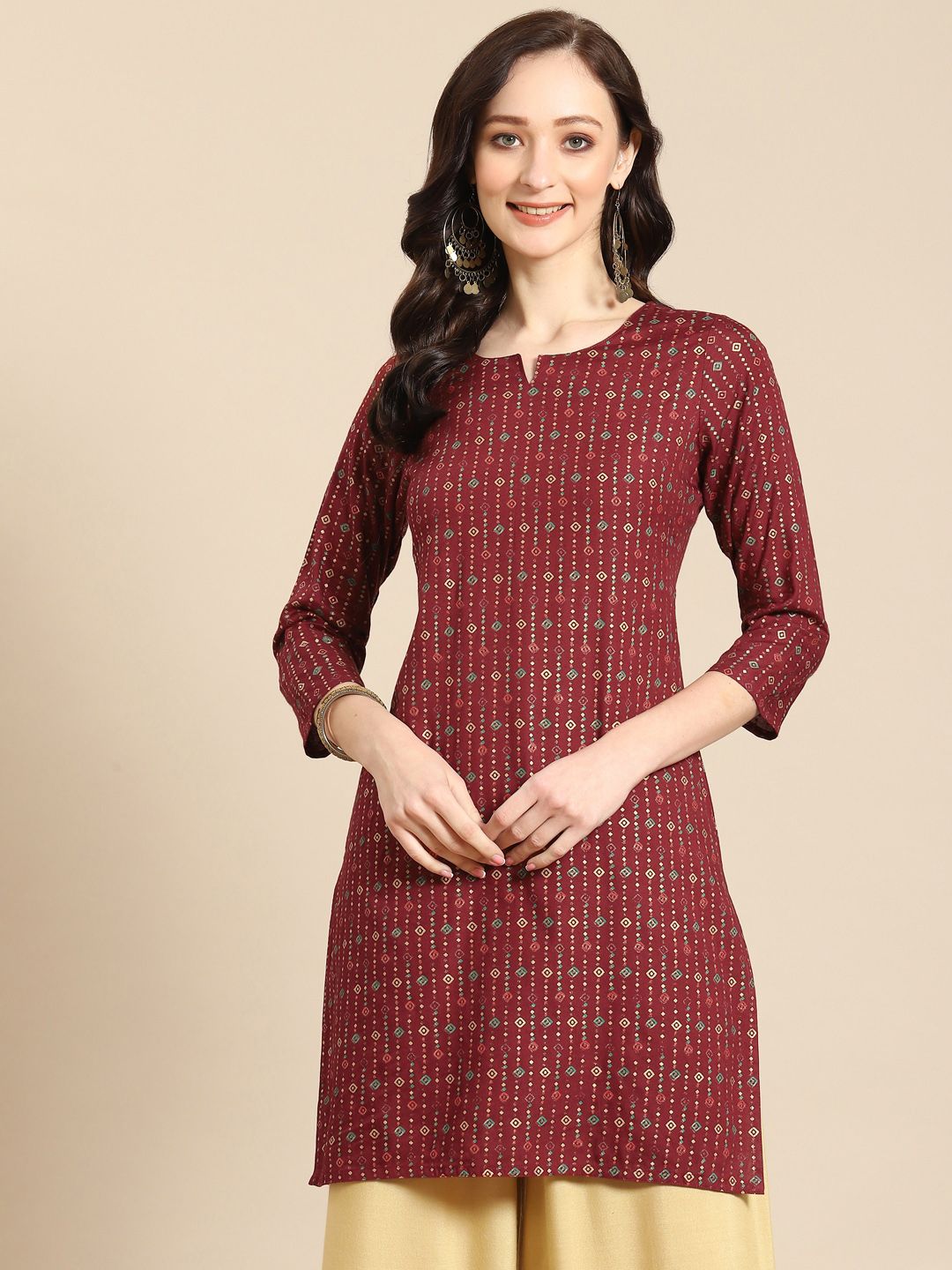 Prakrti Maroon & Gold-Coloured Ethnic Motifs Printed Kurti