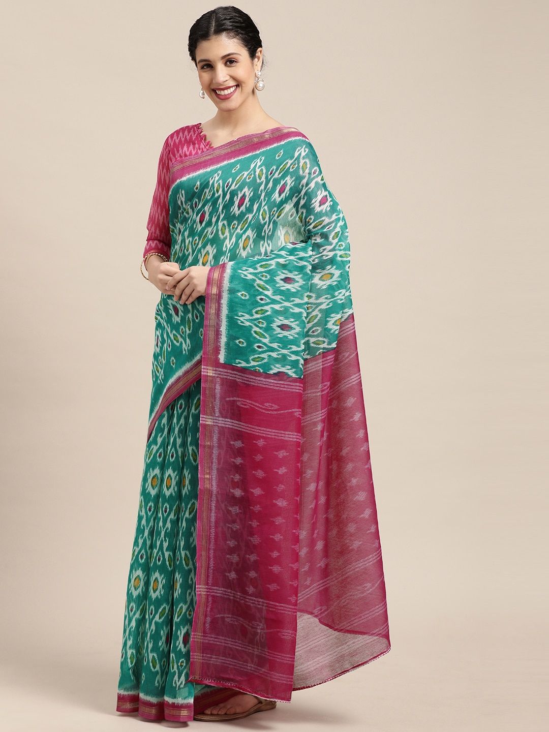 KALINI Sea Green & Pink Ethnic Motifs Saree