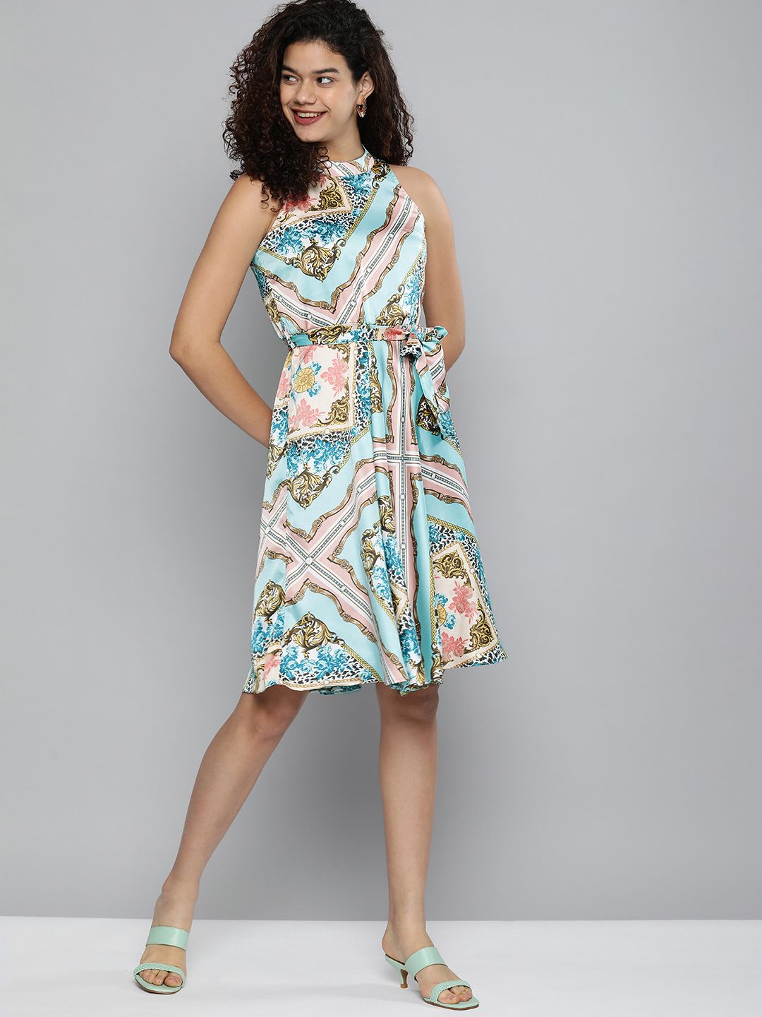 Kvsfab Blue & Pink Printed Satin Finish A-Line Dress with Belt Price in India