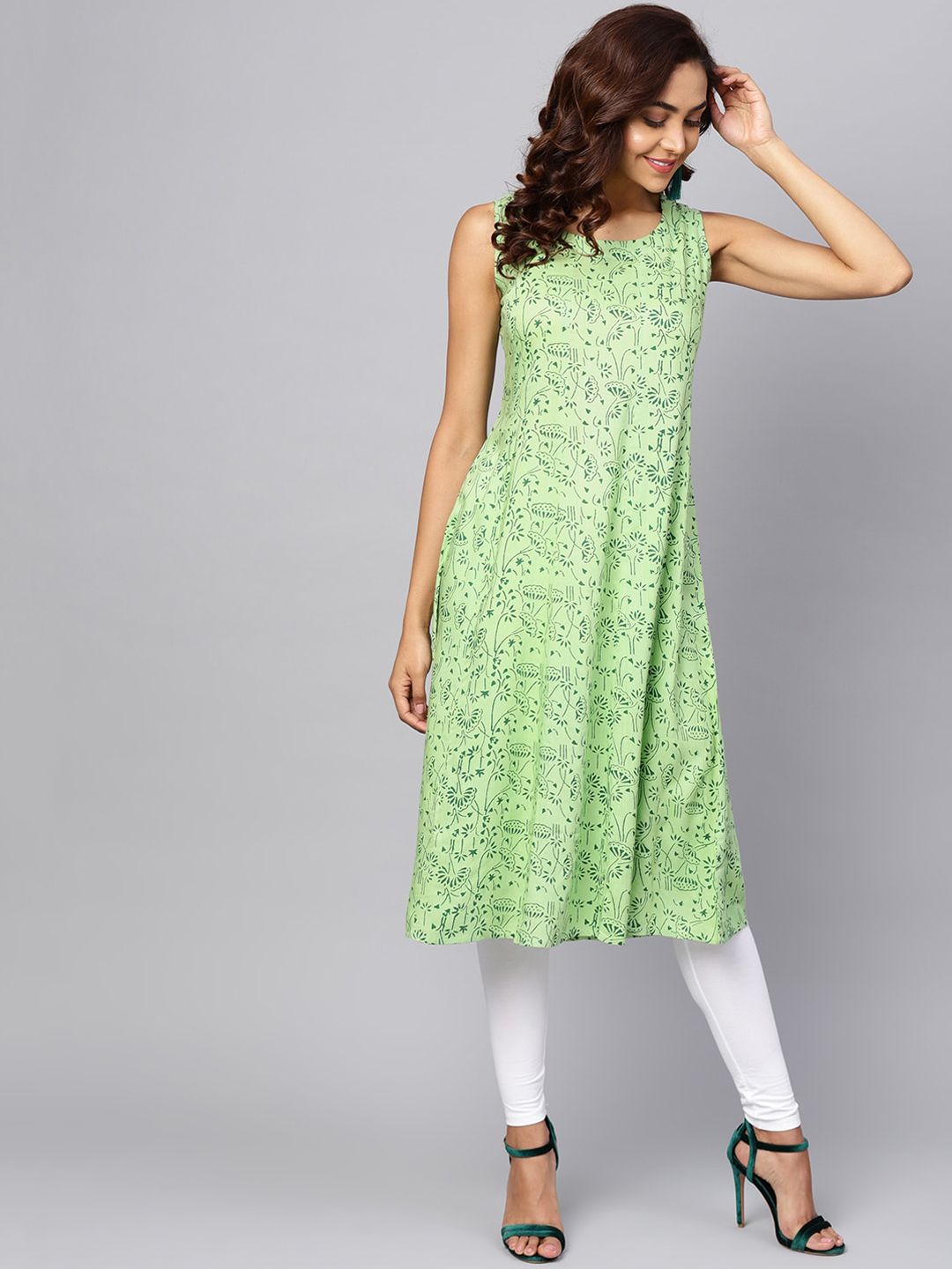 anayna Women Green Floral Printed Kurta Price in India