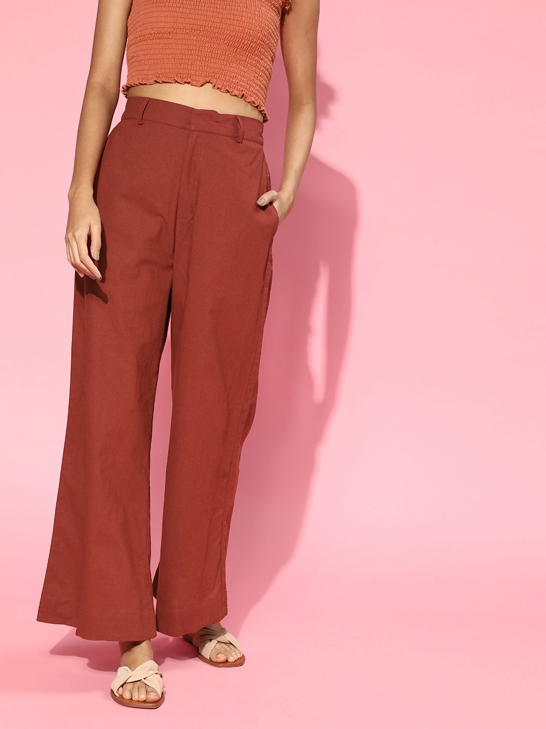 SASSAFRAS Women Maroon High-Rise Trousers Price in India