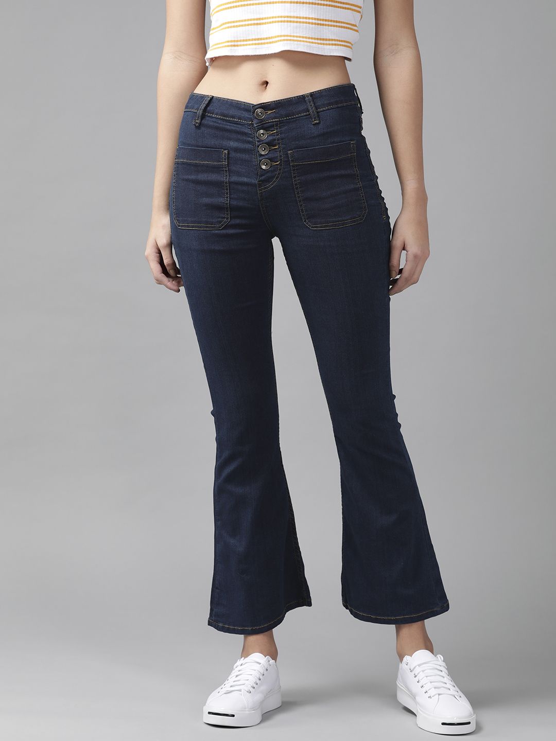 The Roadster Lifestyle Co Women Navy Blue Bootcut High-Rise Stretchable Jeans Price in India