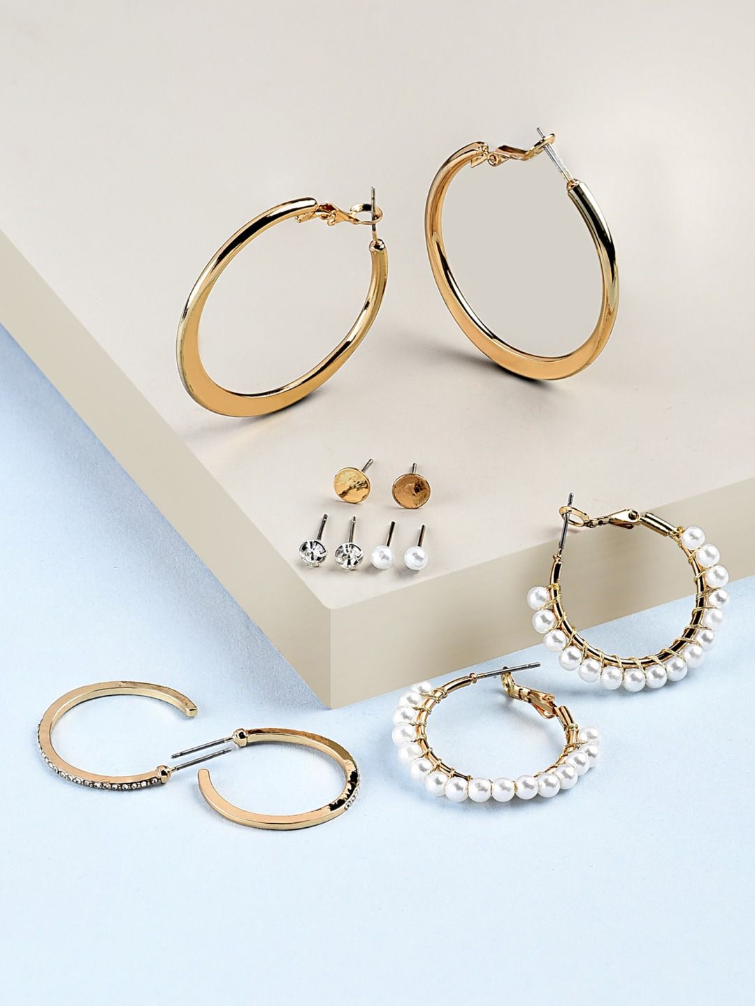 AMI Set Of 6 Gold-Plated & White Circular Hoop Stud & Half-Hoop Earrings Price in India