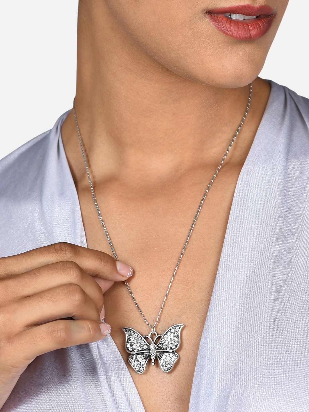 AMI Silver-Toned Silver-Plated Butterfly Pendant Chain Price in India
