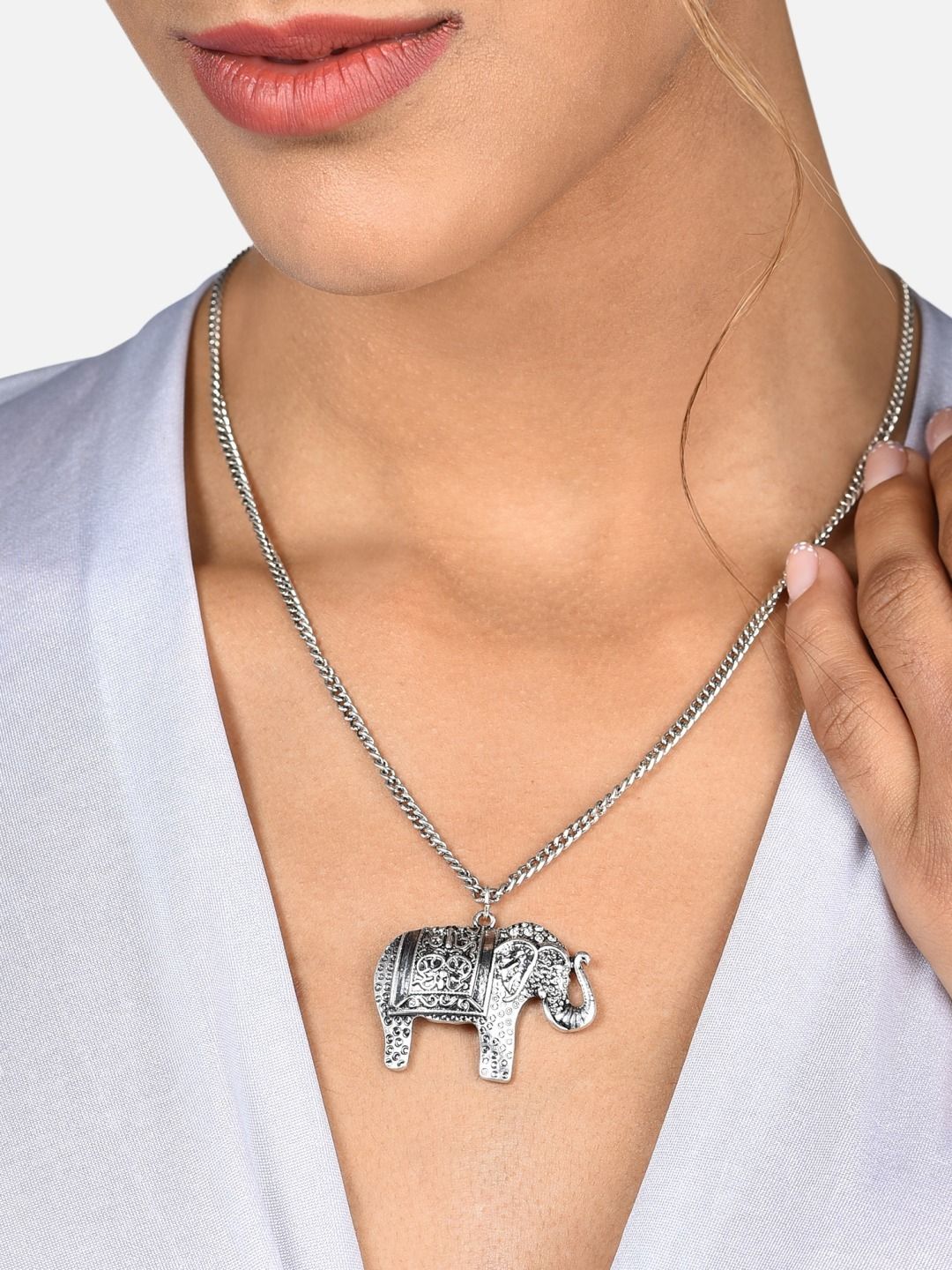 AMI Women Silver-Toned Elephant Pendant Necklace Price in India