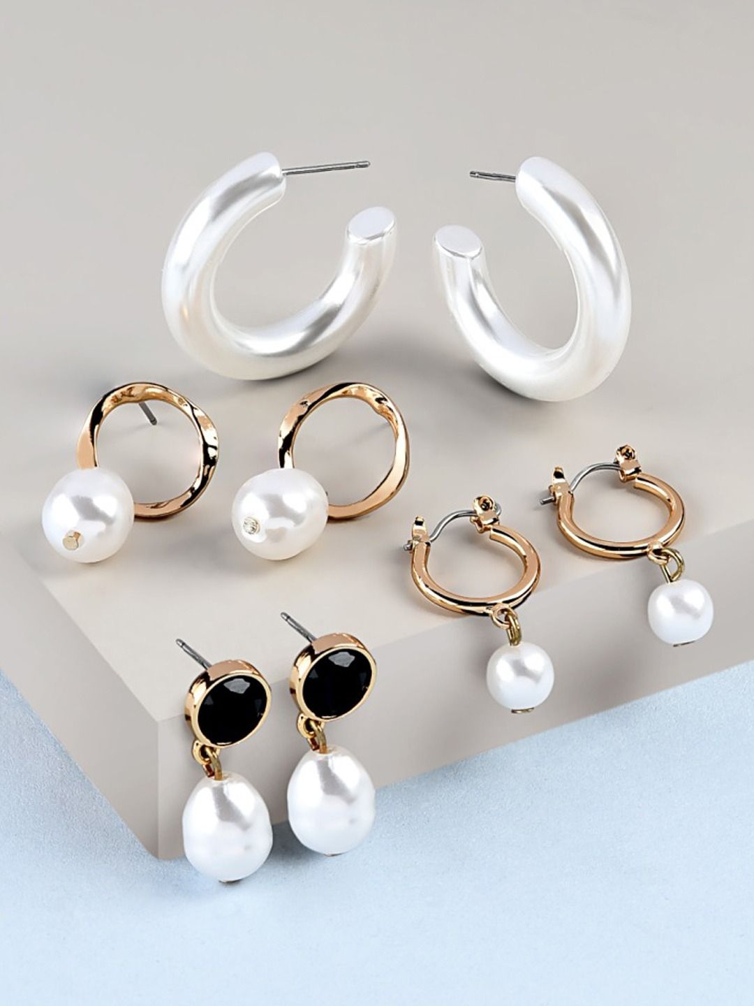 AMI Set Of 4 Gold-Plated & White Circular Drop & Half Hoop Earrings Price in India