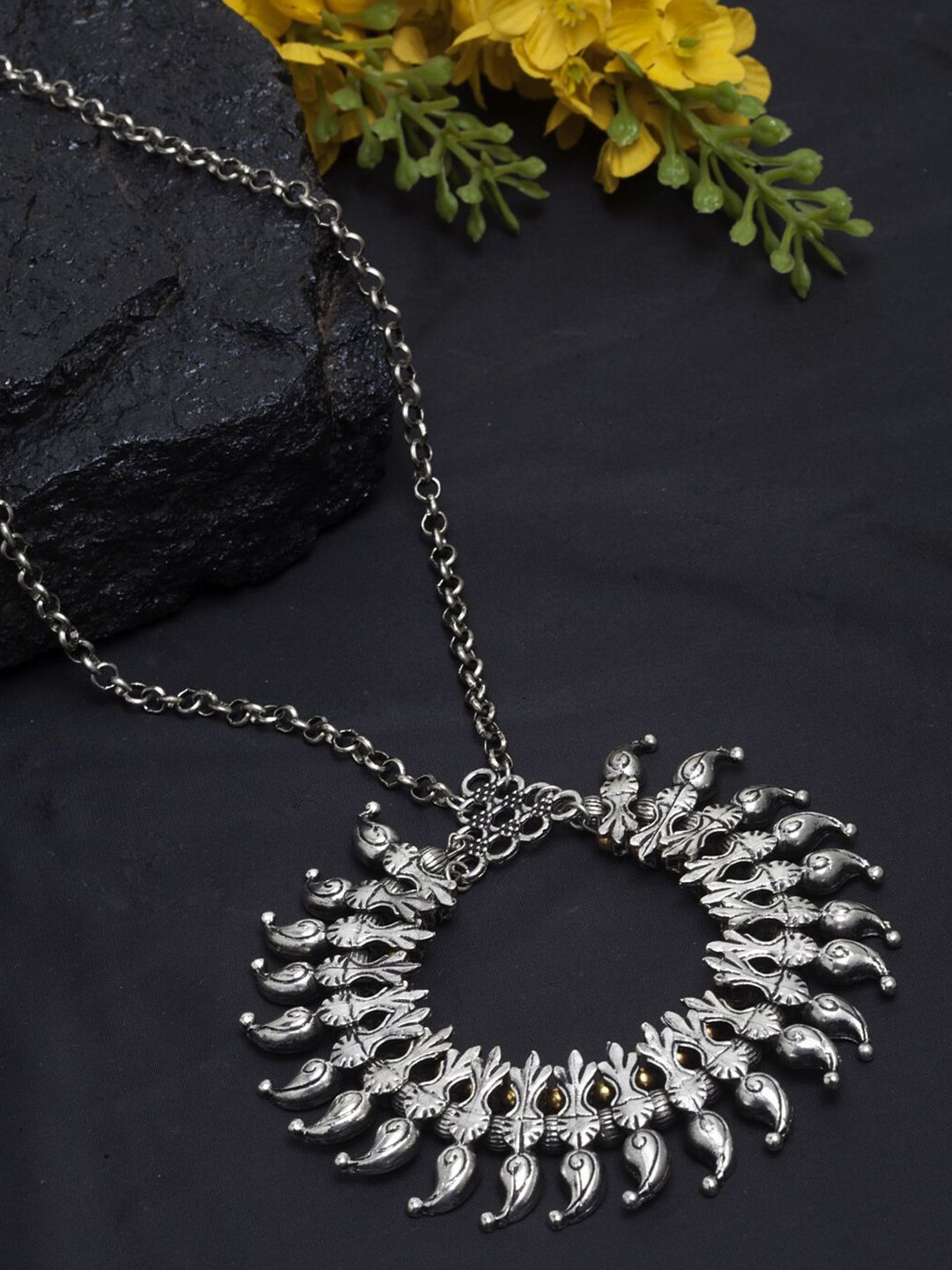 Moedbuille Silver-Toned Brass Silver-Plated Oxidised Necklace Price in India