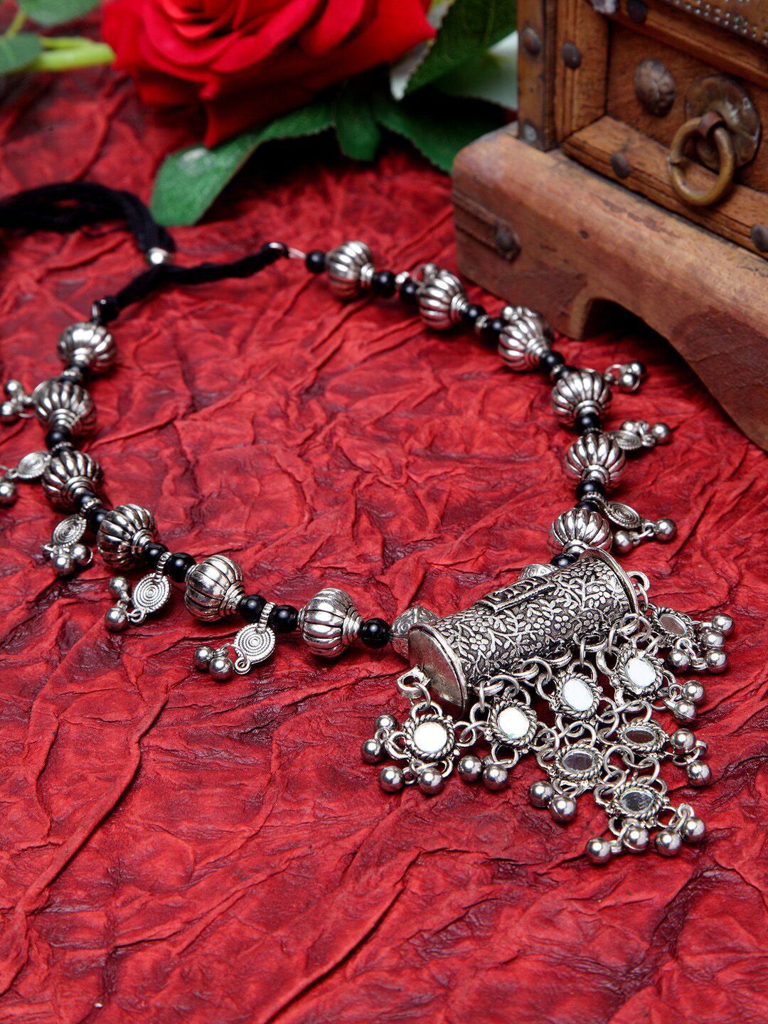 Moedbuille Women Silver-Toned Oxidised Tribal Necklace Price in India