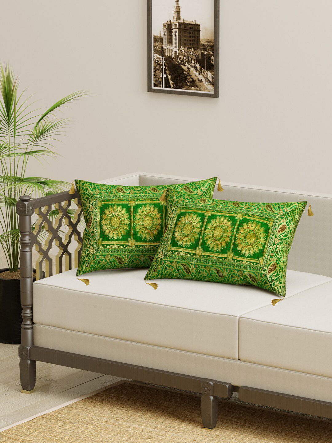 Gulaab Jaipur Green & Gold-Toned Set of 2 Ethnic Motifs Rectangle Cushion Covers Price in India