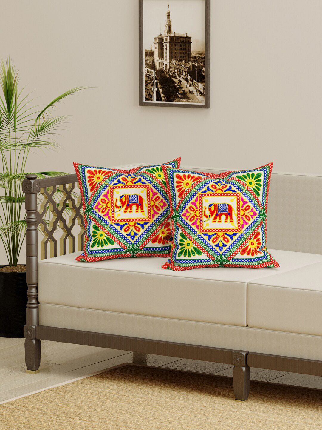 Gulaab Jaipur Red & Green Set of 2 Embroidered Cotton Square Cushion Covers Price in India