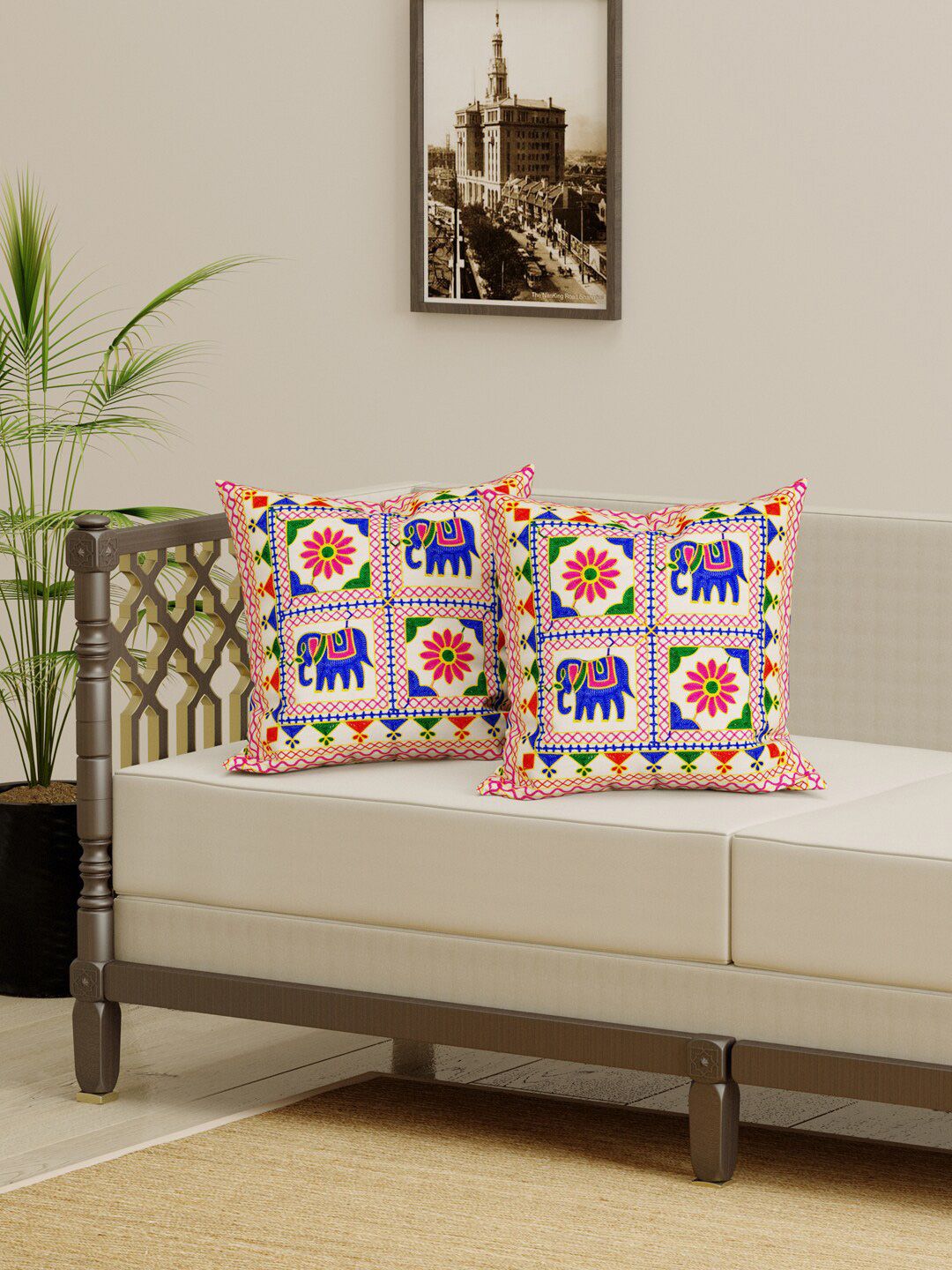 Gulaab Jaipur Blue & White Set of 2 Embroidered Square Cushion Covers Price in India