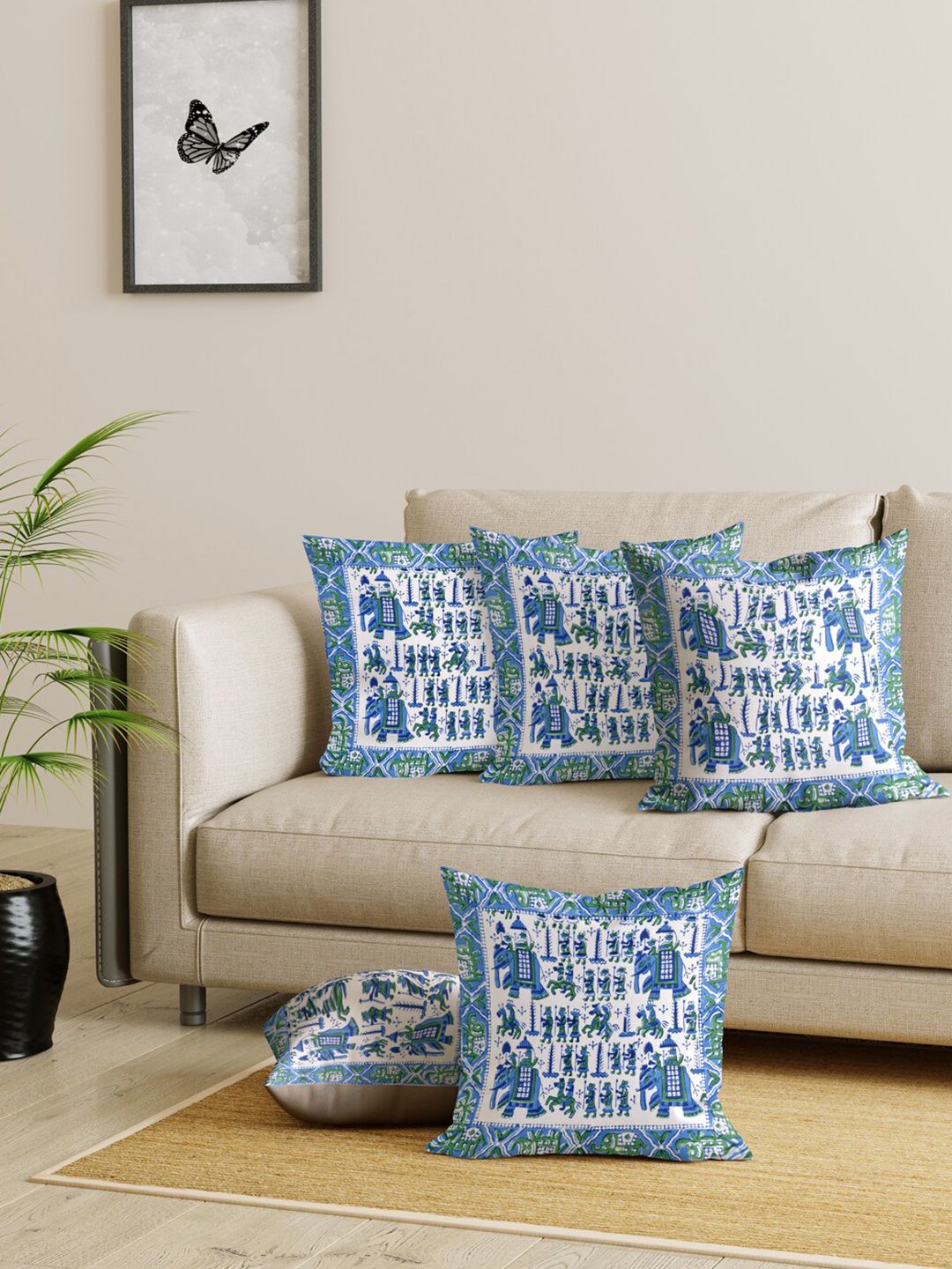 Gulaab Jaipur Blue & White Set of 5 Ethnic Motifs Square Cushion Covers Price in India