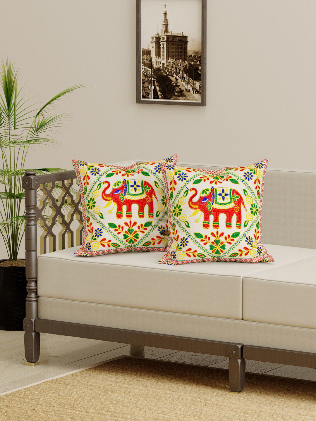 Gulaab Jaipur Cream-Coloured & Green Set of 2 Embroidered Square Cushion Covers Price in India