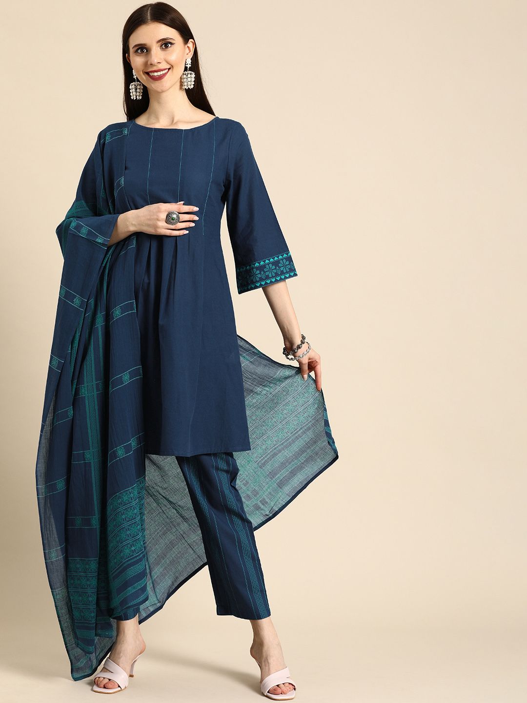 Anouk Women Navy Blue Ethnic Motifs Pure Cotton Kurta with Trousers & With Dupatta Price in India