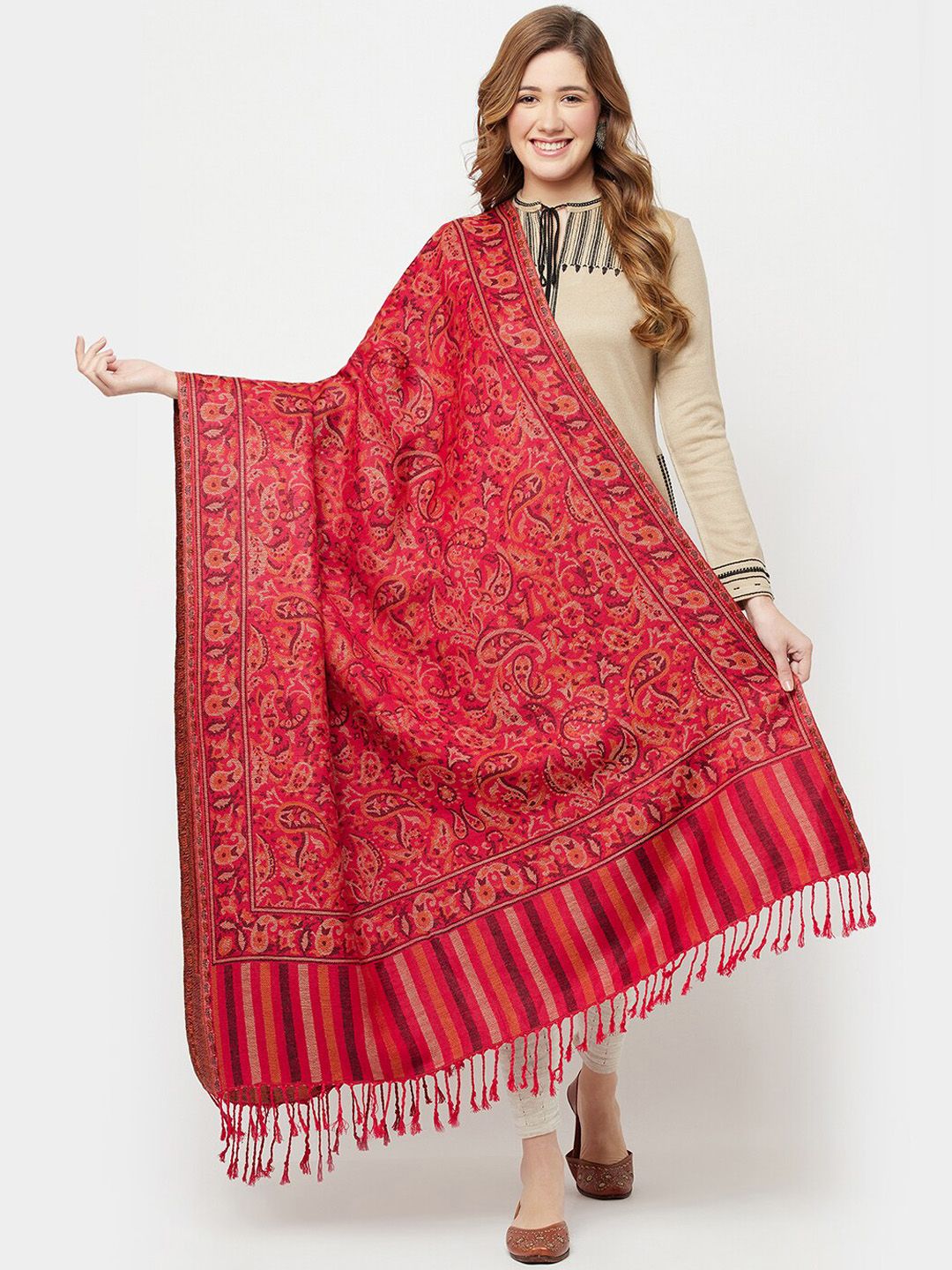 Safaa Women Red & Beige Paisley Woven Design Shawl Price in India