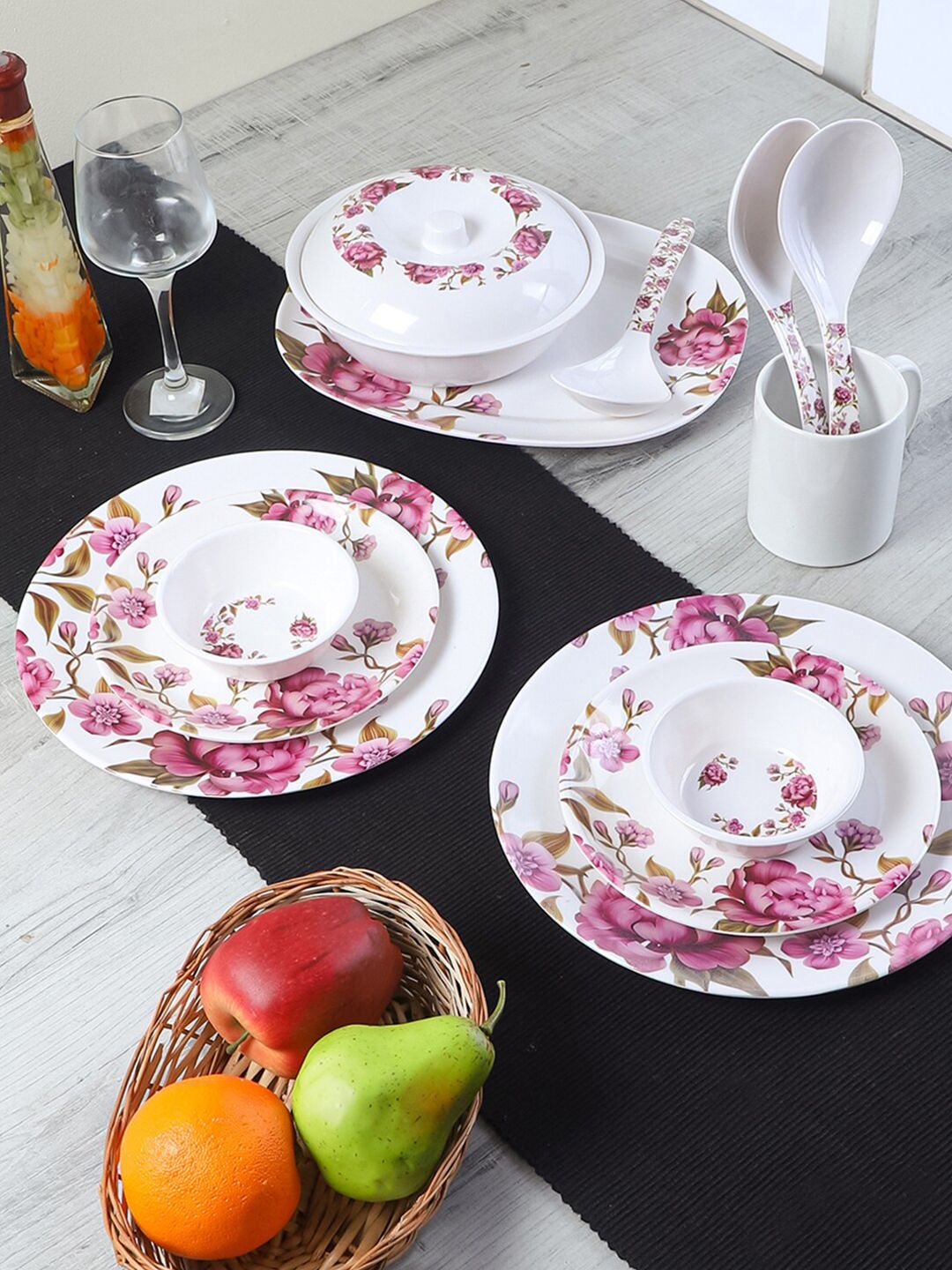 CDI White & Magenta Pieces Printed Melamine Glossy Dinner Set Price in India