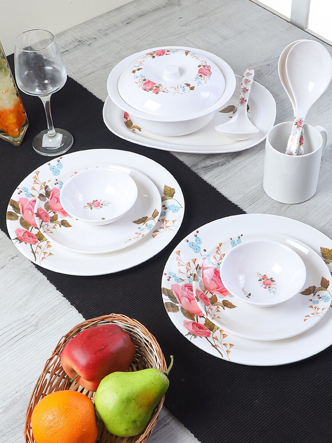CDI White & Pink 33 Pieces Printed Melamine Glossy Dinner Set Price in India