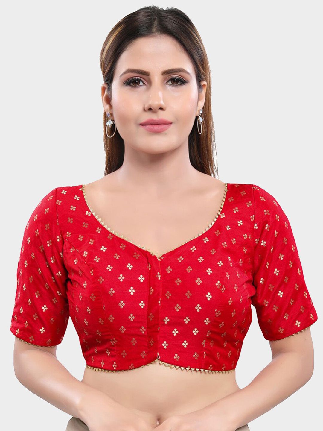 SALWAR STUDIO Women Red & Gold Printed Readymade Saree Blouse Price in India