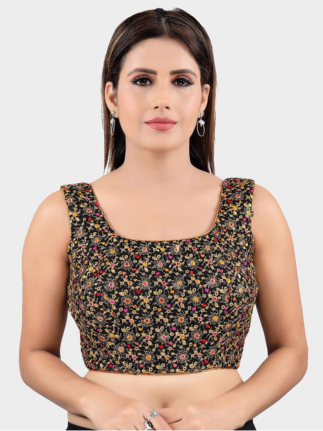 SALWAR STUDIO Black & Gold-Coloured Embroidered Readymade Saree Blouse Price in India