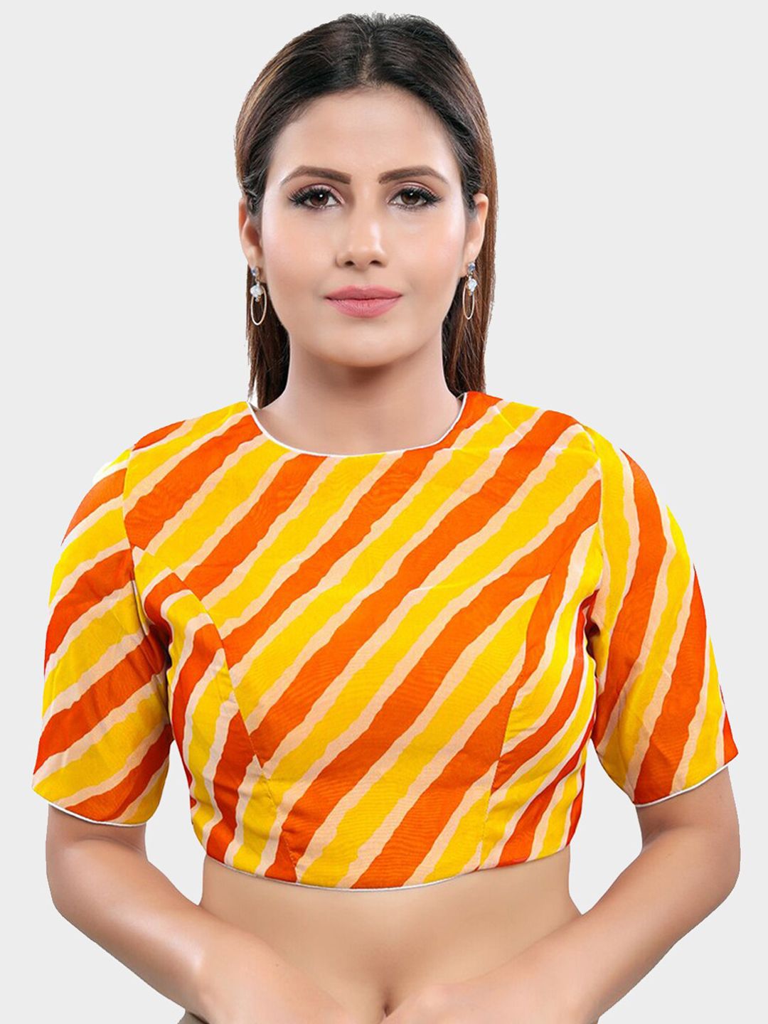 SALWAR STUDIO Yellow & Orange Printed Readymade Saree Blouse Price in India