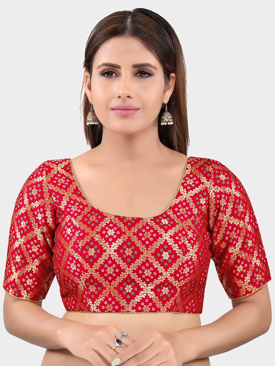 SALWAR STUDIO Red & Gold-Coloured Brocade Printed Readymade Saree Blouse Price in India