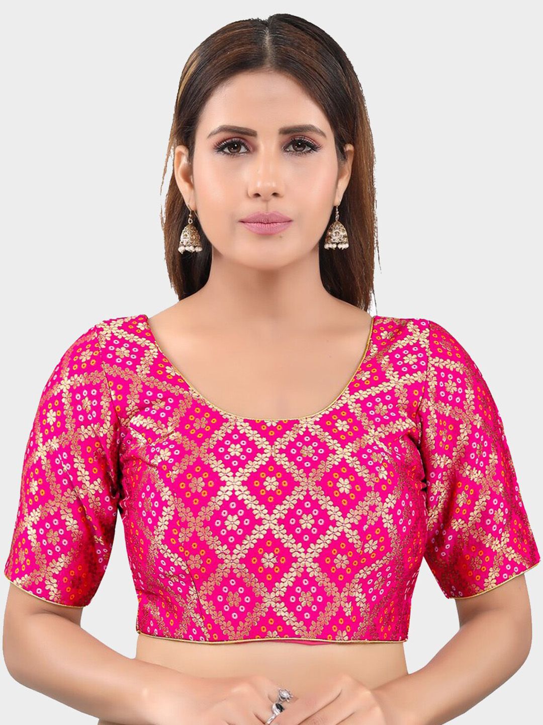 SALWAR STUDIO Pink & Gold-Coloured Brocade Printed Readymade Saree Blouse Price in India