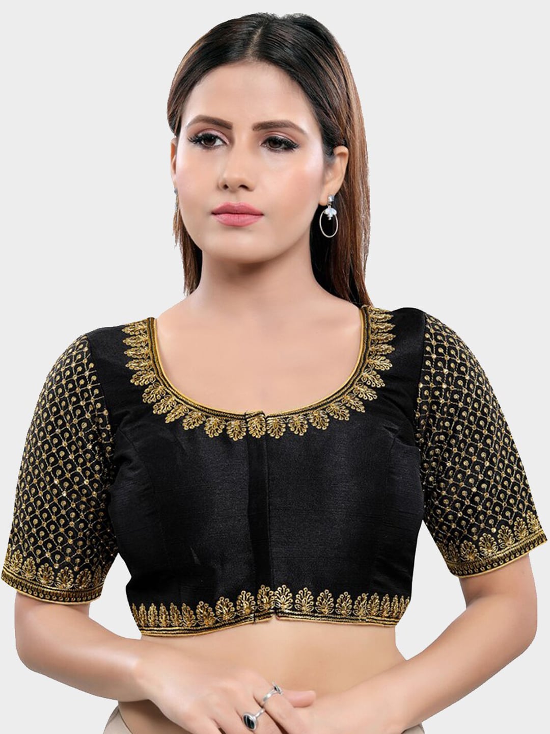 SALWAR STUDIO Women Black Embroidered Readymade Saree Blouse Price in India
