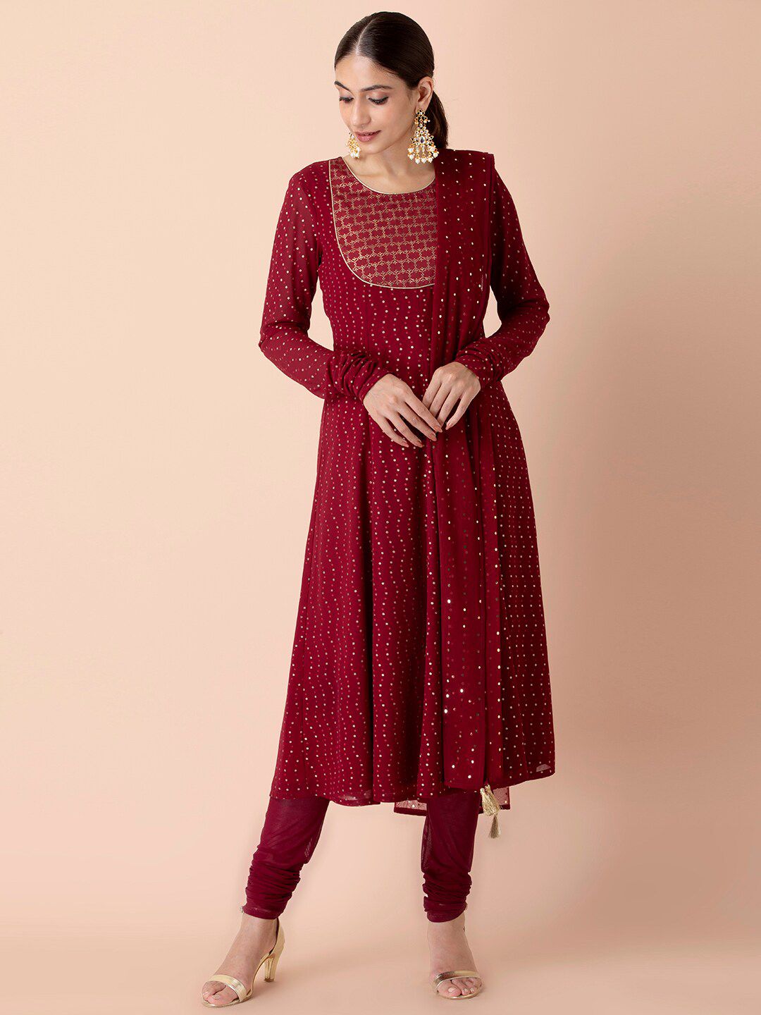 INDYA Maroon & Gold-Toned Foil Mesh Dupatta Price in India