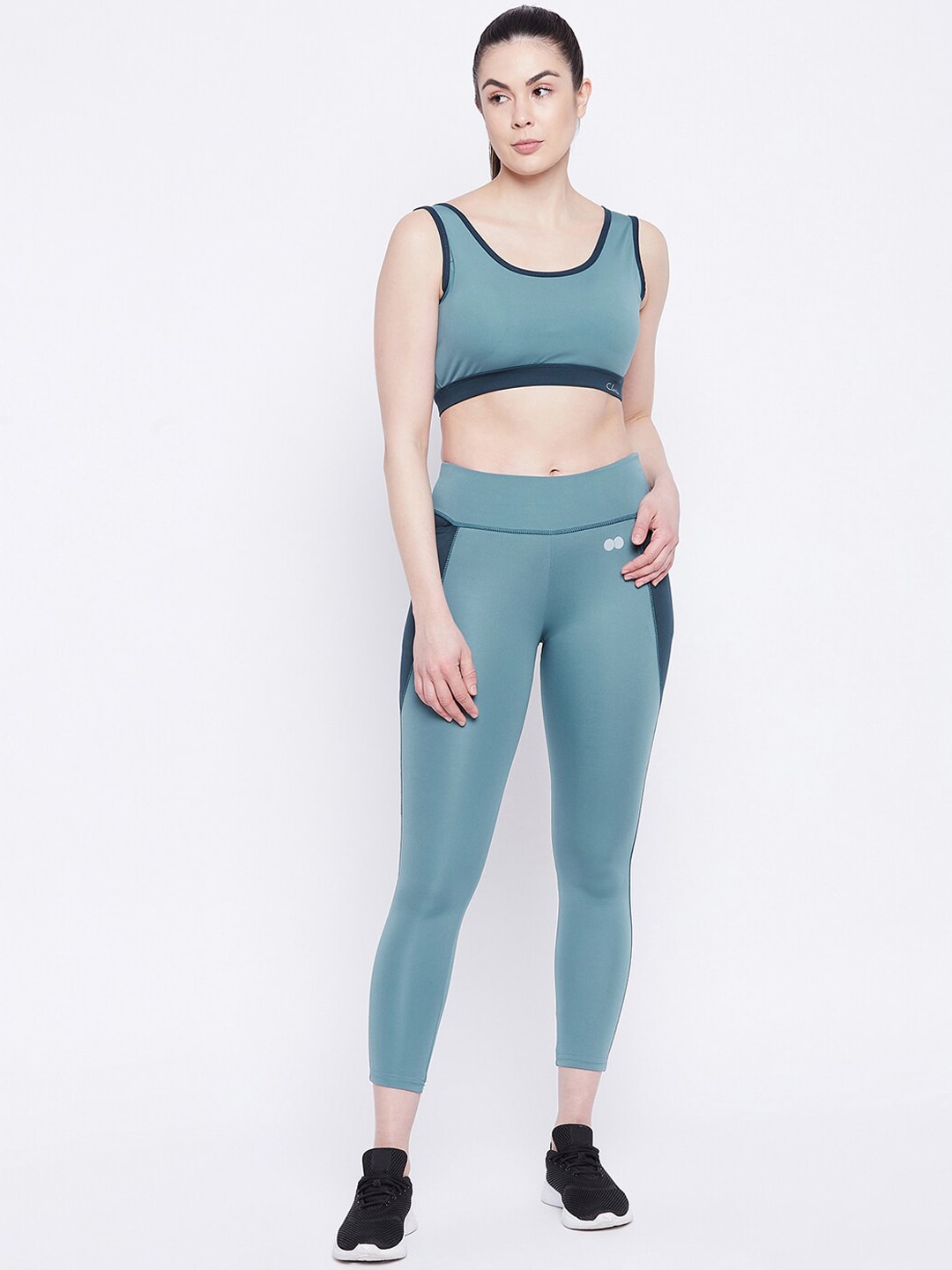 Clovia Women Teal & Black Padded Non Wired Sports Bra with Tights Price in India