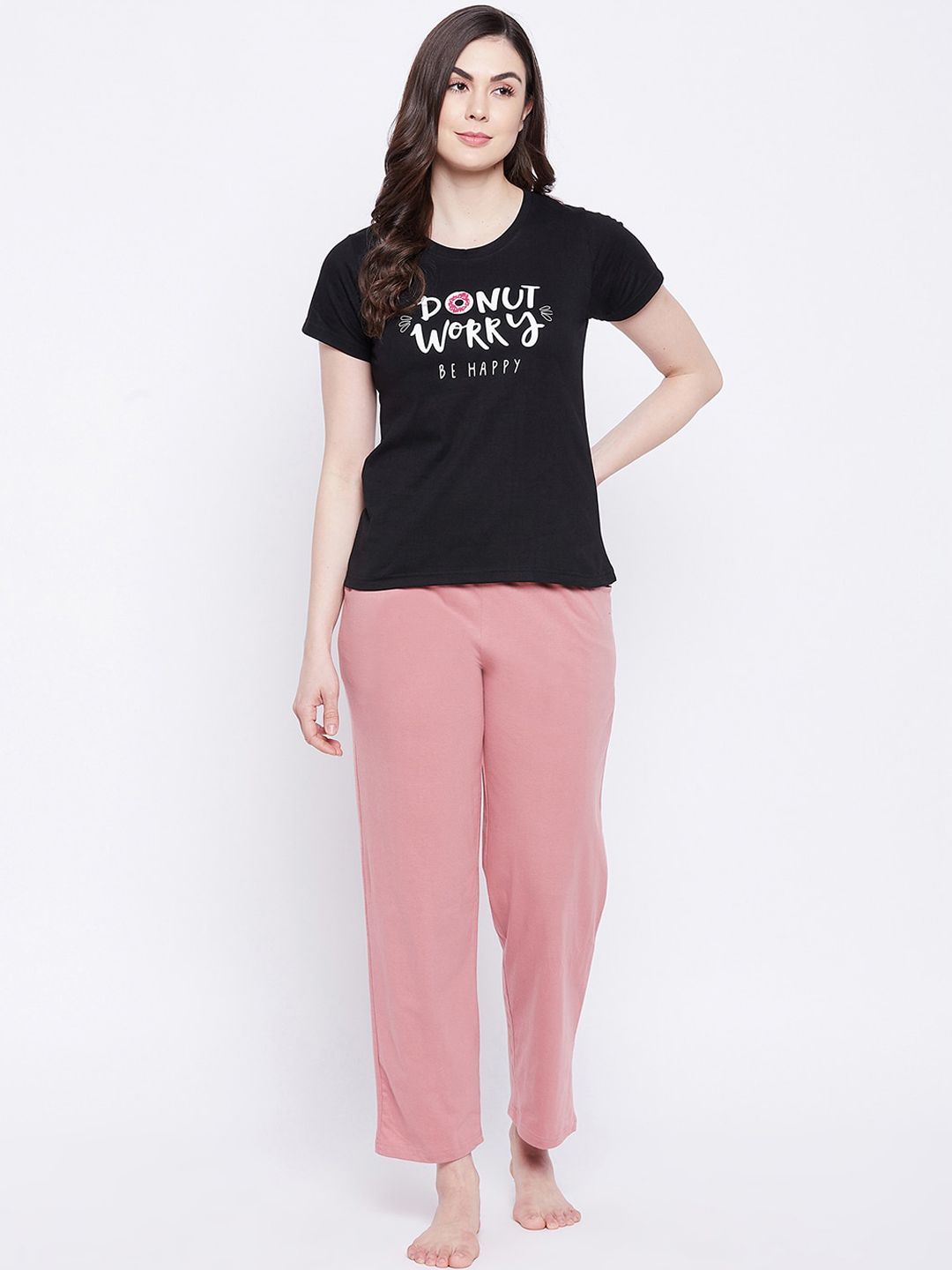 Clovia Black & Peach-Coloured Printed Top With Pyjama Price in India