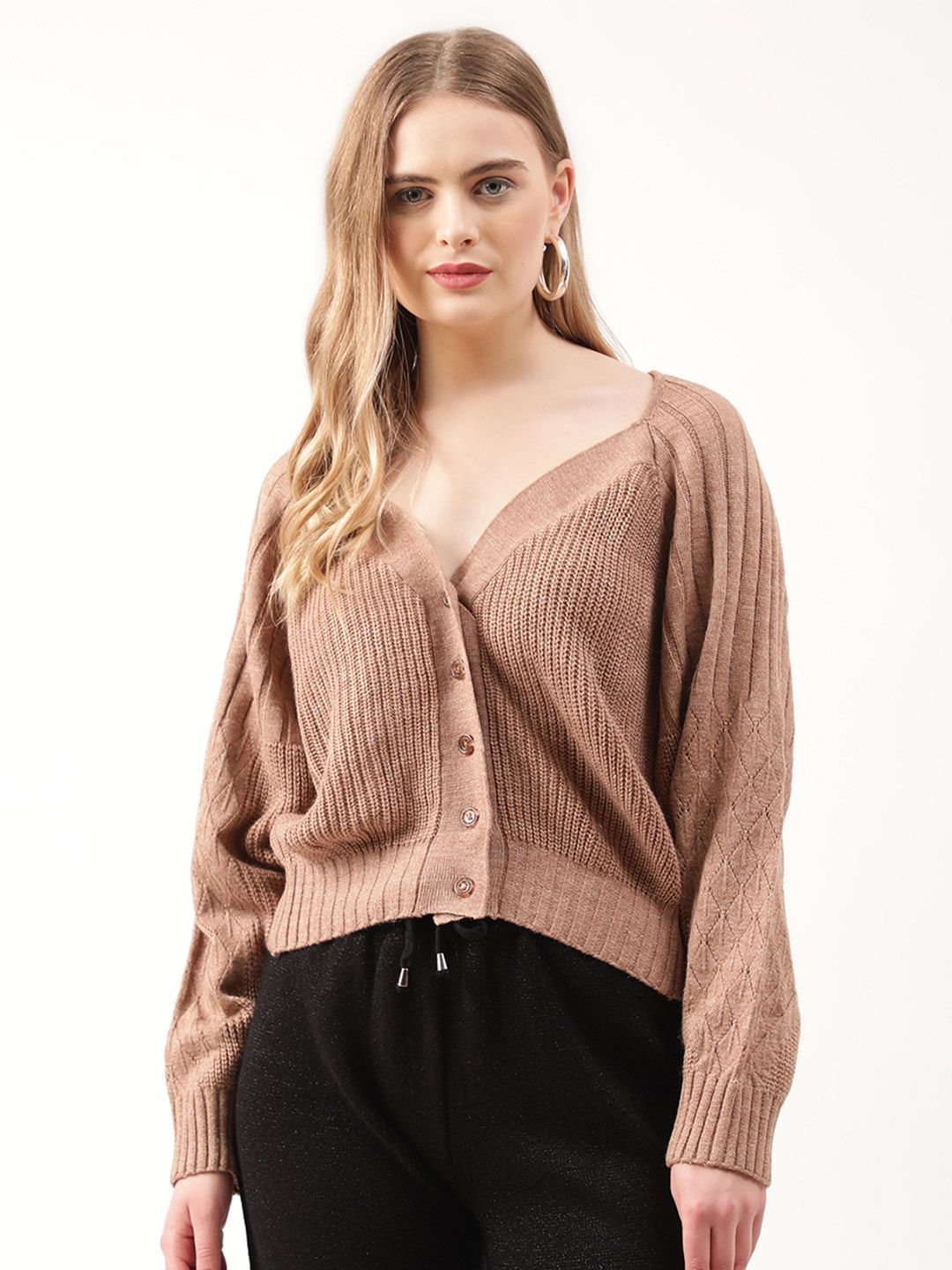 ROOTED Women Beige Cable Knit Cardigan Price in India