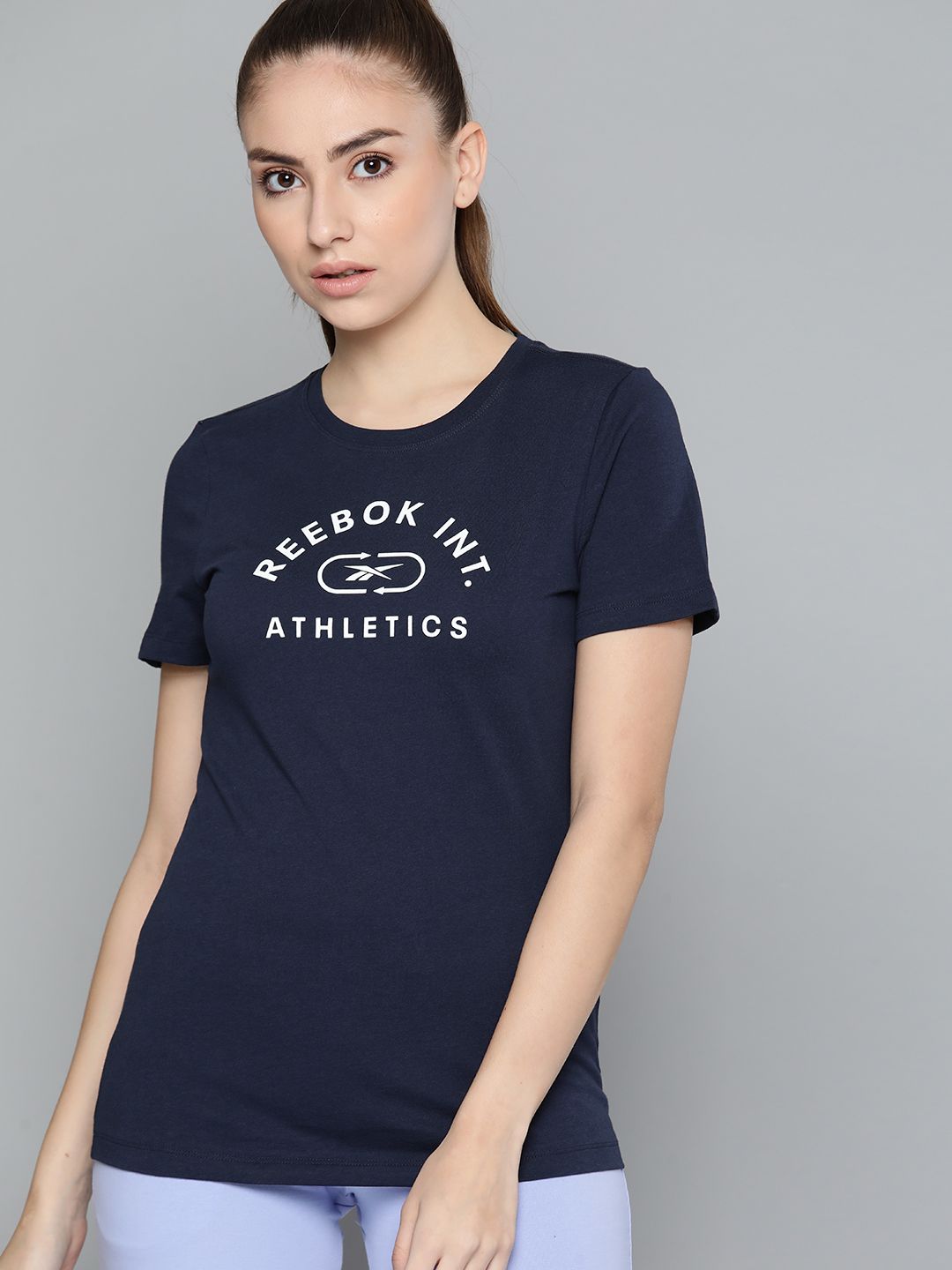 Reebok Women Navy Blue & White W Prime Graphic Print Slim Fit Training Pure Cotton T-shirt Price in India