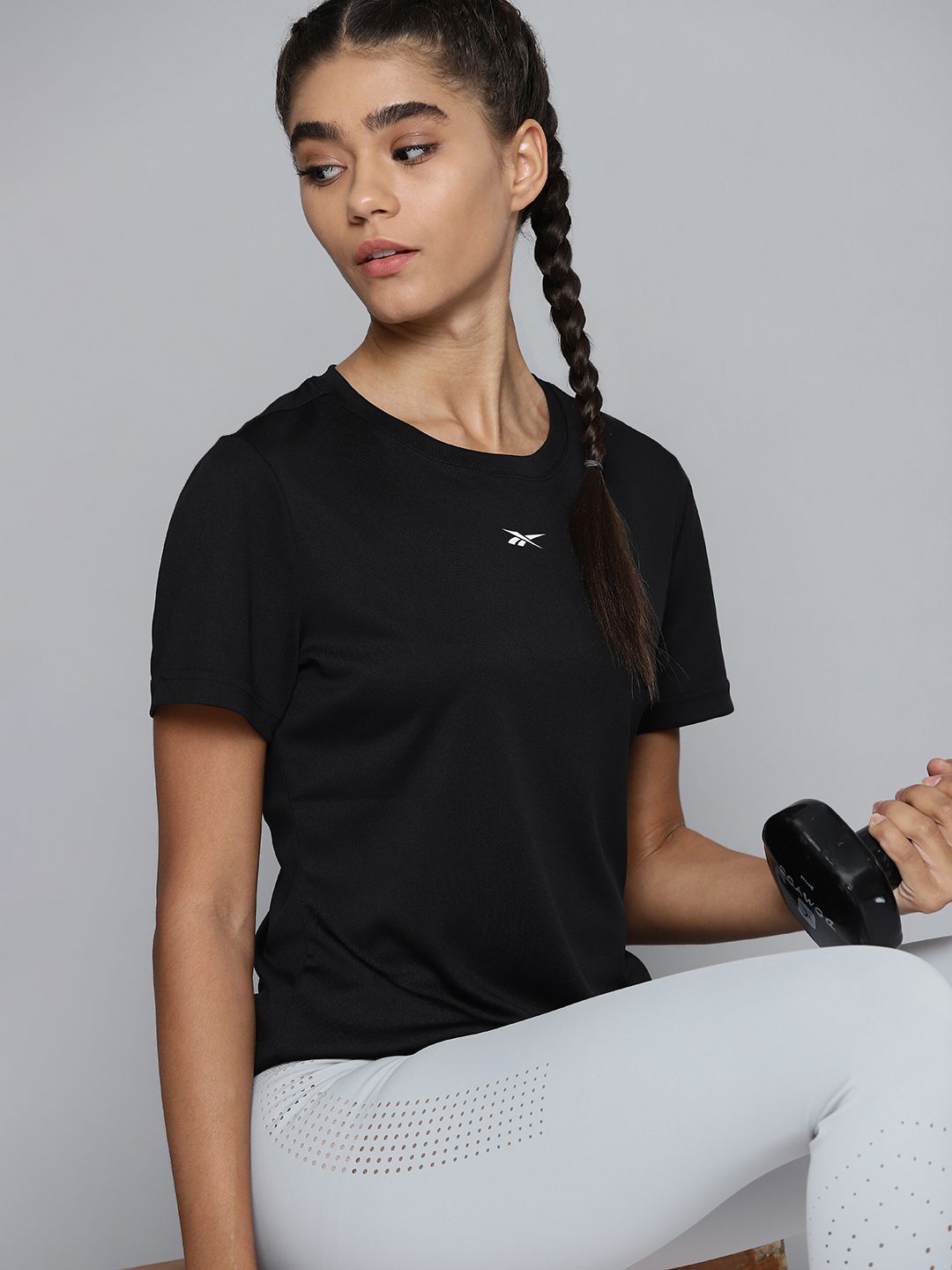 Reebok Women Black Brand Logo Training or Gym T-shirt Price in India
