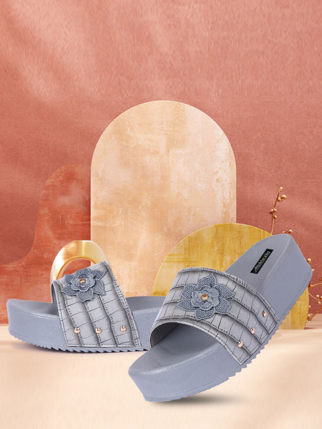 Alishtezia Women Grey & Gold-Toned Embellished Sliders Price in India