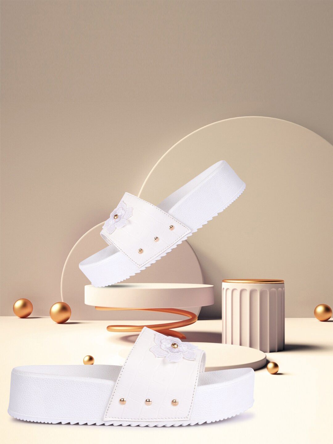 Alishtezia Women White & Gold-Toned Sliders Price in India