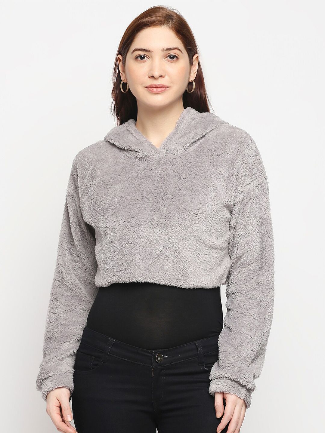 LYKKEIN Women Grey Hooded Sweatshirt Price in India