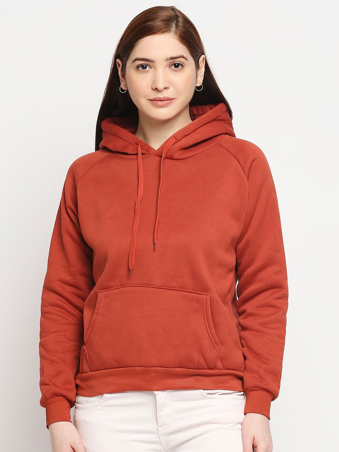 LYKKEIN Women Rust Hooded Sweatshirt Price in India