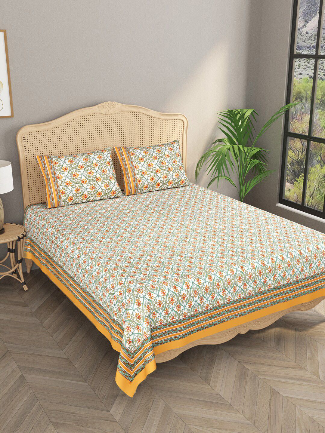 Gulaab Jaipur Yellow & White Ethnic Motifs 600 TC King Bedsheet with 2 Pillow Covers Price in India