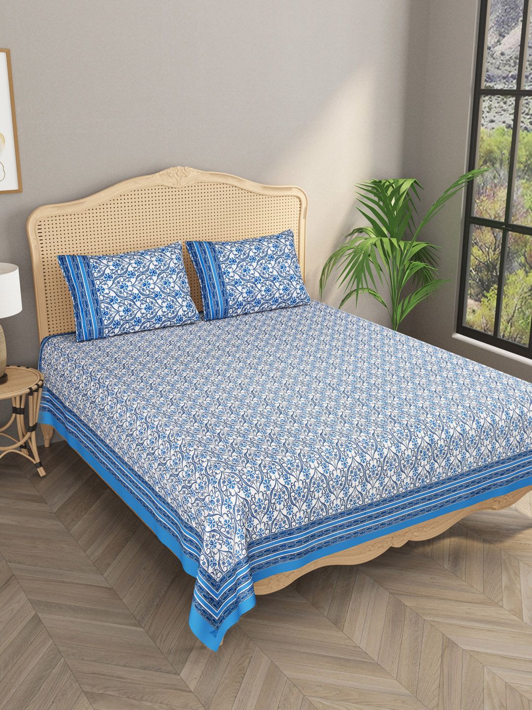 Gulaab Jaipur Blue & White Ethnic Motifs 600 TC Cotton King Bedsheet with 2 Pillow Covers Price in India