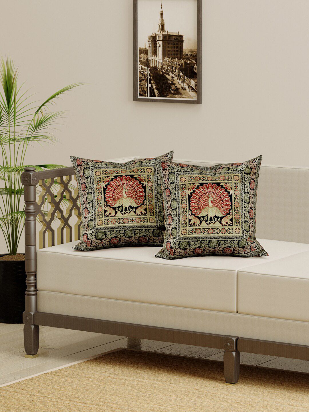 Gulaab Jaipur Black & Red Set of 2 Ethnic Motifs Square Cushion Covers Price in India