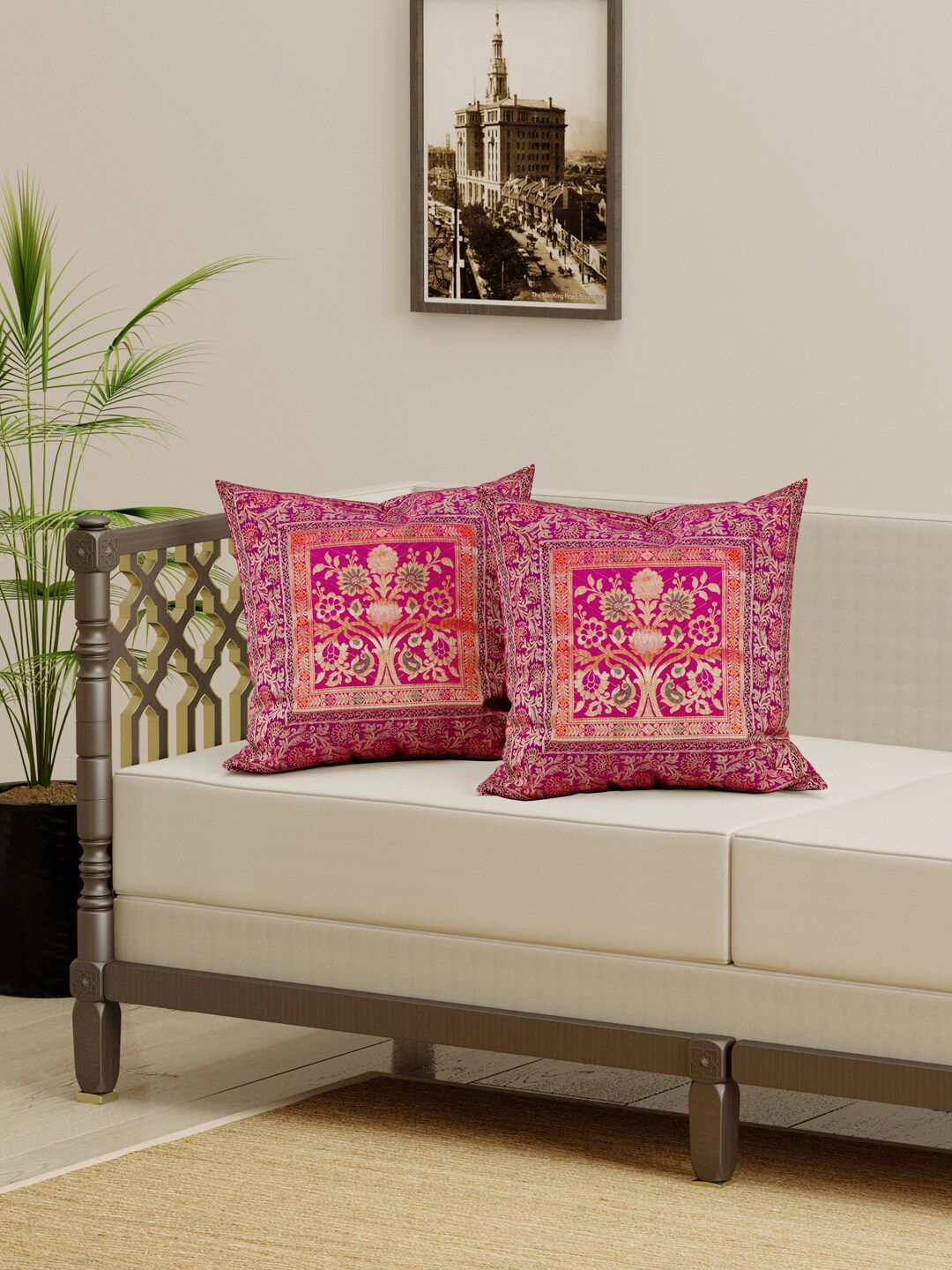 Gulaab Jaipur Pink & Gold-Toned Set of 2 Ethnic Motifs Square Cushion Covers Price in India