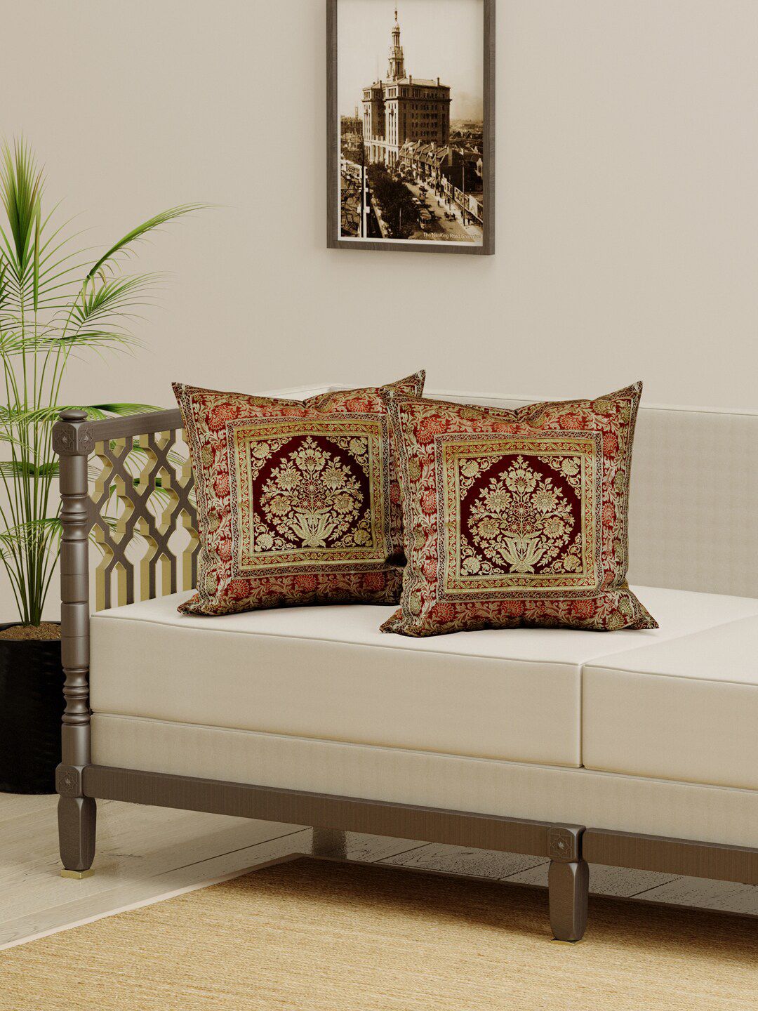 Gulaab Jaipur Maroon & Gold-Toned Set of 2 Ethnic Motifs Square Cushion Covers Price in India